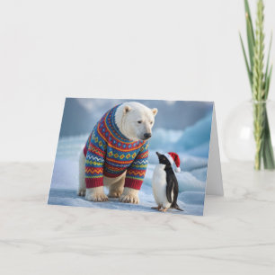 Carte Amis ours polaire et manchot de Noël