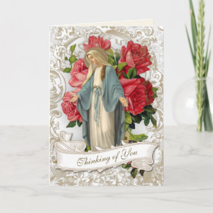 Carte Amitié religieuse Vierge Marie Roses rouges Vintag