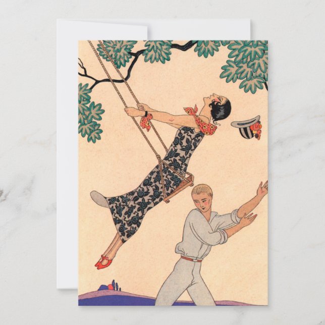 Carte Amour vintage Romance, Escarpolette Swing Barbier (Devant)