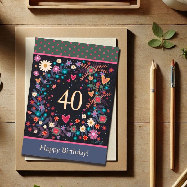 Carte Amusant 40e anniversaire Floral Hearts Inspirivity (Créateur téléchargé)