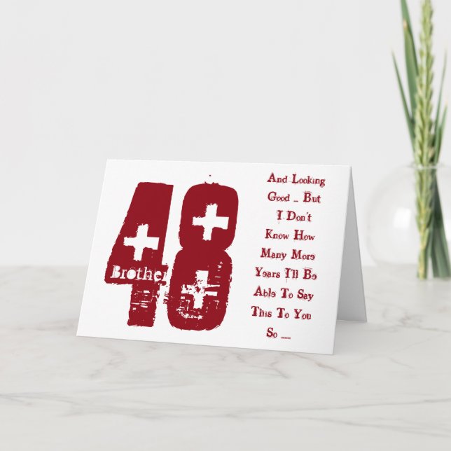 Carte Amusant, 48ème anniversaire, texte rouge et blanc. (Devant)