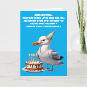 Carte Amusant Seagull Birthday Riddle - Cake at Risk!