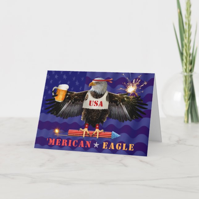 Carte Amusante 4 juillet Aigle Merican Bière et Feu d'ar (Devant)