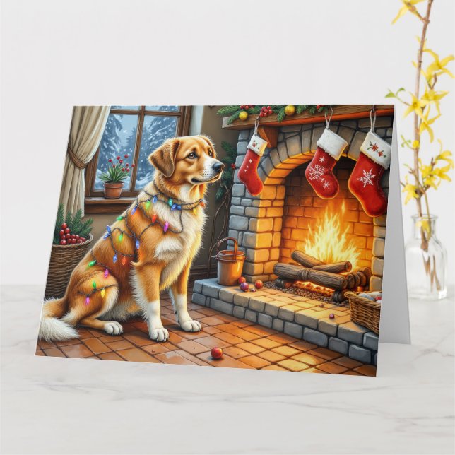 Carte Anatolian Shepherd Fireplace with Christmas Lights (Fleur jaune)