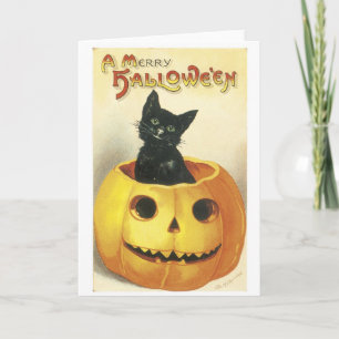 Carte Ancien Halloween Jack-o-lanterne, chat noir