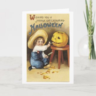 Carte Ancien Halloween, le garçon fait Jack-o-lanterne