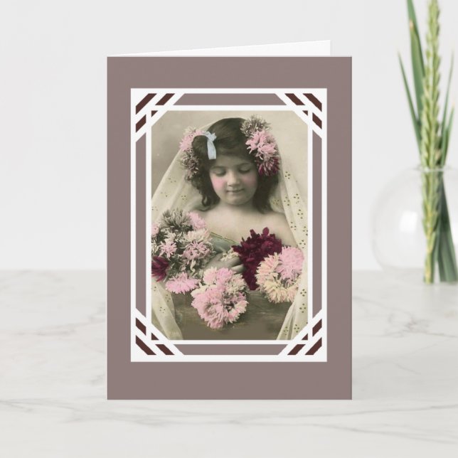 Carte Ancienne Petite Fille Avec Fleurs (Devant)