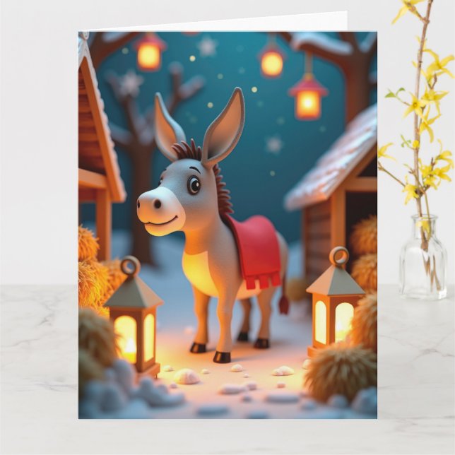 Carte Âne doux dans la crèche neigeuse Scène de Noël (Fleur jaune)