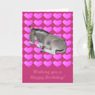 Carte Âne gris mignon sur coeur rose anniversaire