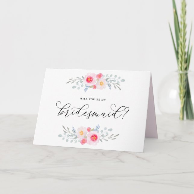 Carte Anémones roses à l'aquarelle Veux-tu être ma demoi (Devant)