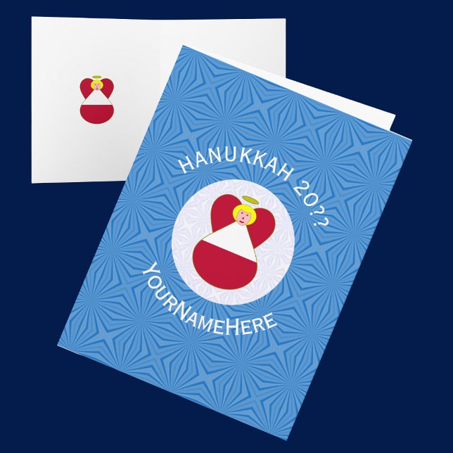 Carte Ange autrichien Hanoukka Drapeau personnalisé (Hanukkah greeting card with angel wearing Austrian flag. Blue background, white text to personalize.)
