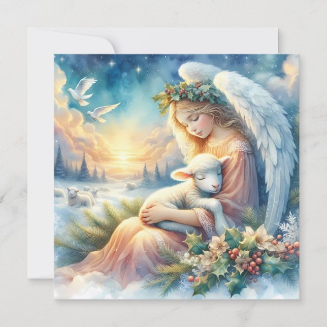 Carte Ange de Noël avec agneau en paix en hiver (Devant)
