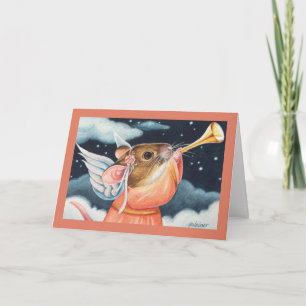 Carte Ange de Noël Souris et trompette Aquarelle Art