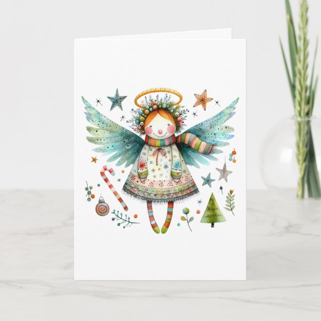 Carte Ange de Noël Whimsical Style d'art populaire moder (Devant)