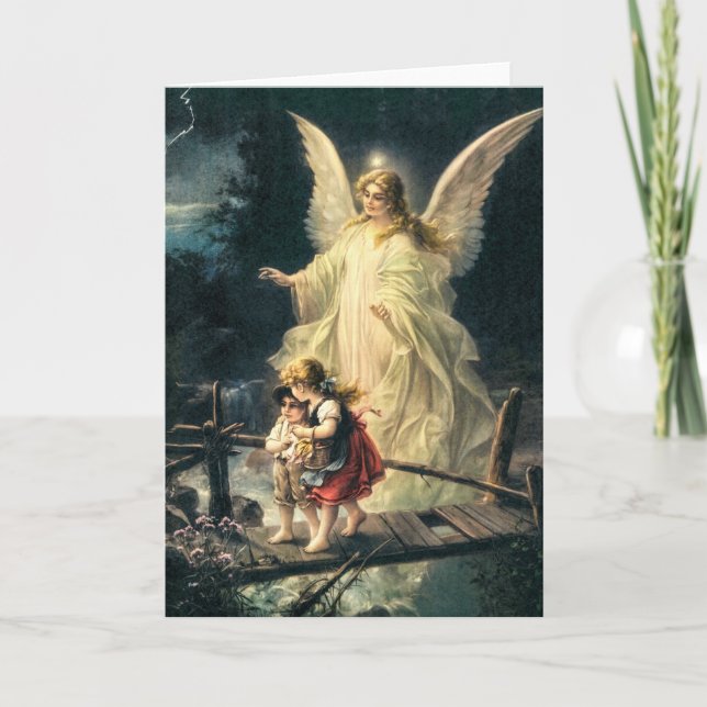 Carte Ange gardien avec deux enfants sur pont (Devant)