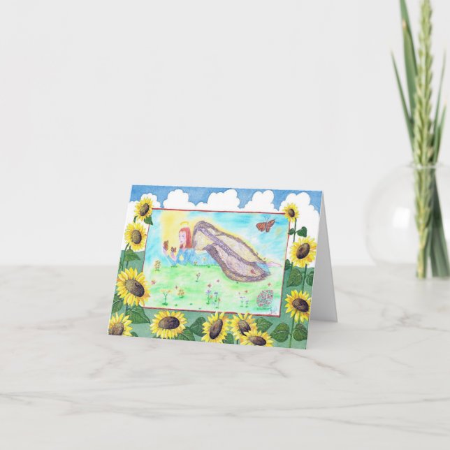 Carte Ange jouant avec des papillons monarques. (Devant)