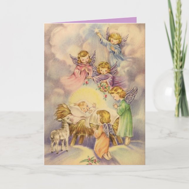 Carte Anges observant au-dessus du bébé Jésus (Devant)