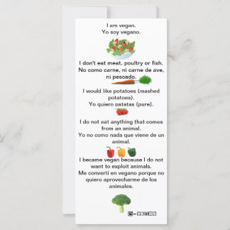Carte Anglais espagnol PhrasesVegan Feuille de triche