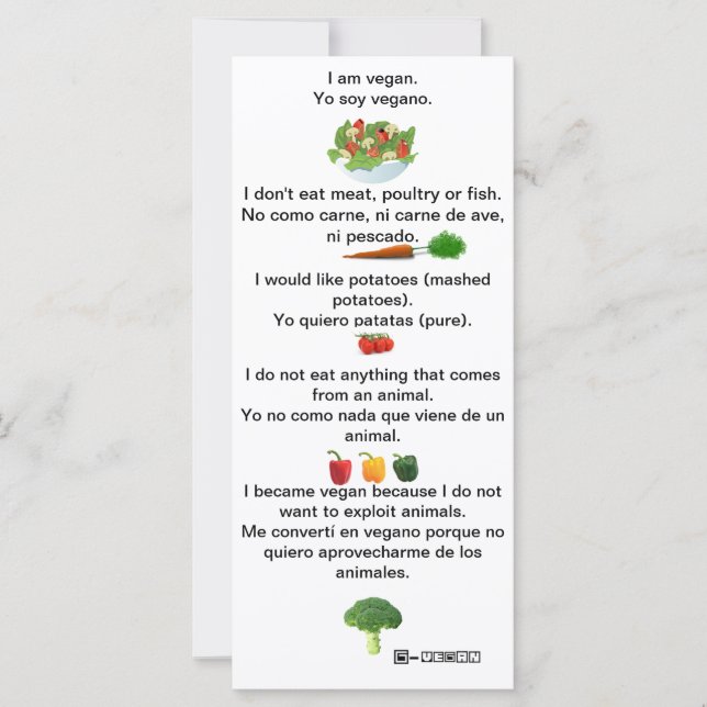 Carte Anglais espagnol PhrasesVegan Feuille de triche (Devant)