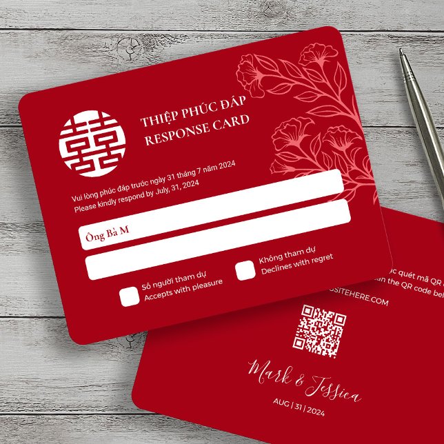 Carte Anglais vietnamien bilingue Mariage rouge RSVP (Créateur téléchargé)