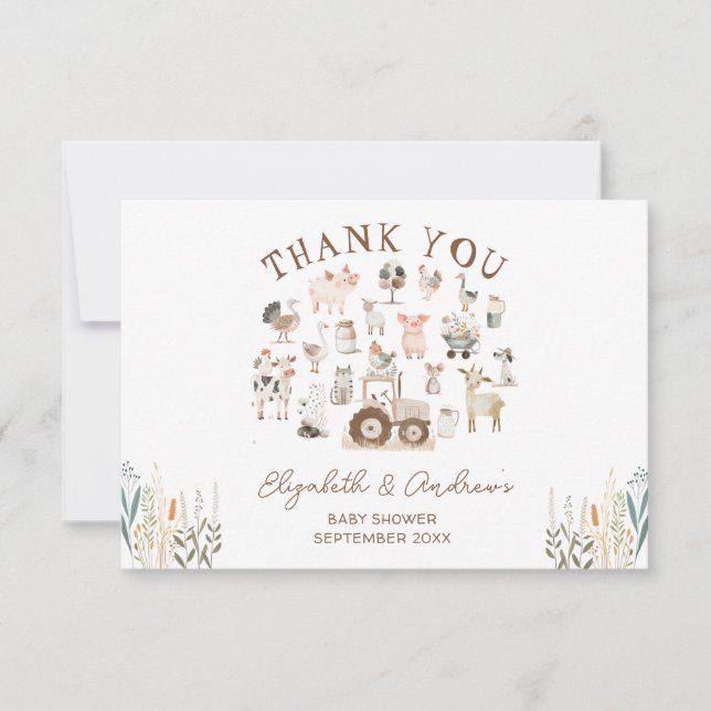 Carte Animaux de ferme Barnyard Baby shower Merci (Devant)