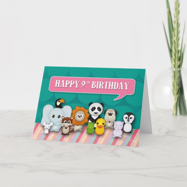 Carte Animaux de sourire mignons Girly de joyeux 9ème (Devant)