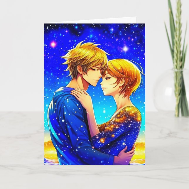 Carte Anime Couple dans une nuit étoilée Saint-Valentin (Devant)