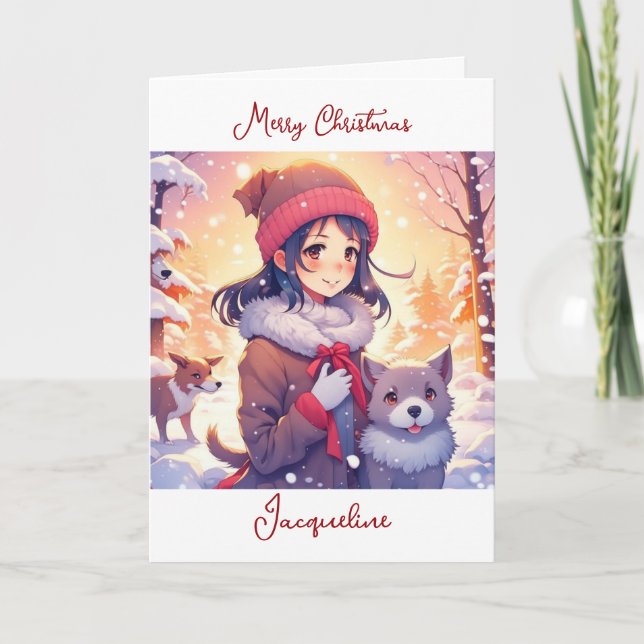 Carte Anime Girl and Dogs avec Arrière - plan de Noël (Devant)