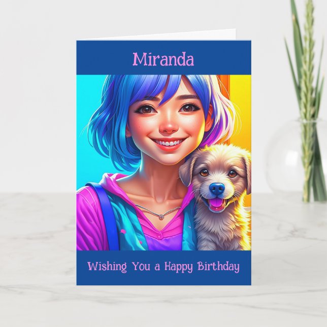 Carte Anime Girl and Puppy Chien Personnalisé Anniversai (Devant)