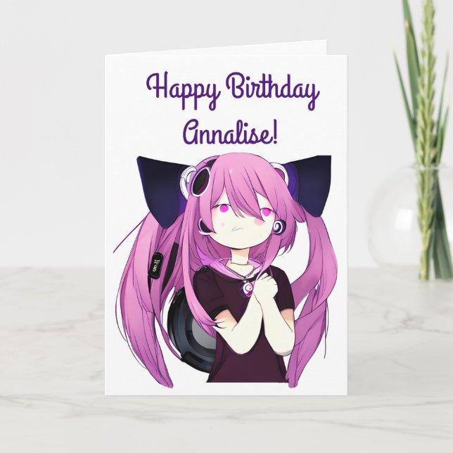 Carte Anime Girl avec casque Chat Oreilles Gros Annivers (Devant)