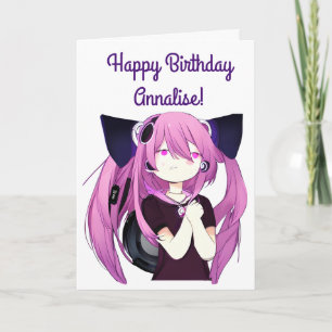 Carte Anime Girl avec casque Chat Oreilles Gros Annivers