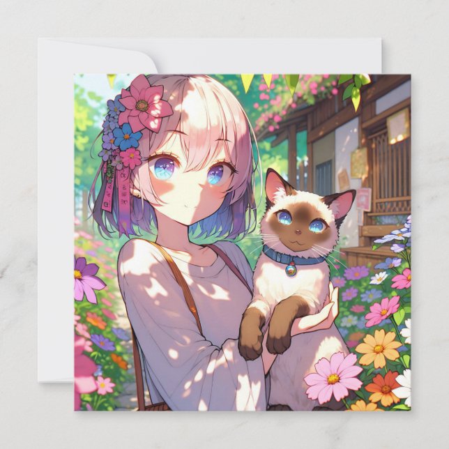 Carte Anime Girl et chat siamois (Devant)