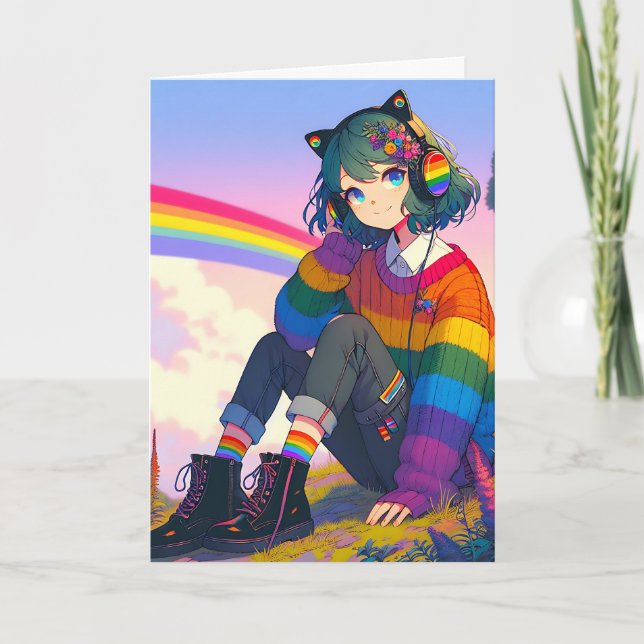 Carte Anime Girl Rainbow Sweat Personnalisé Anniversaire (Devant)