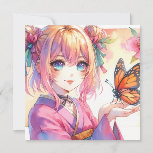 Carte Anime Girl tenant un papillon (Devant)