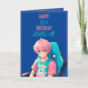 Carte Anime rose et bleu Gamer âge Anniversaire