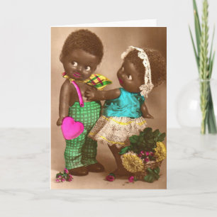 Carte Années 1920 RPPC adorable poupées noires en amour