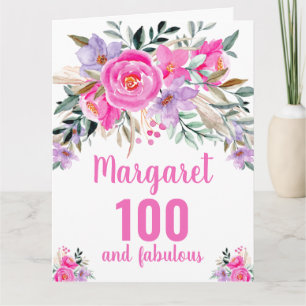 Carte anniversaire 100 ans floral aquarelle rose 
