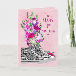 Carte Anniversaire 11, Filles, Basket fantaisie noir/bla
