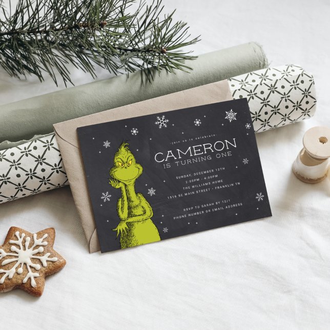 Carte Anniversaire 1ère année du Grinch sur tableau noir (Créateur téléchargé)