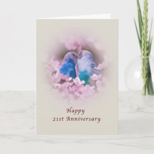 Carte Anniversaire, 21e, Perruches amoureuses, Fleurs ro