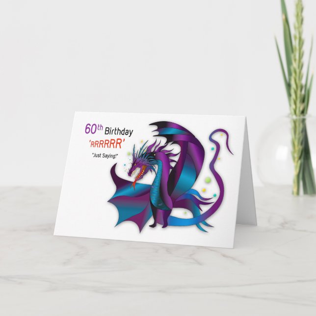 Carte Anniversaire 60ème Dragon de Frise Tons Bleus Viol (Devant)
