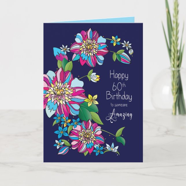 Carte Anniversaire, 60ème, Fleurs vives et colorées (Devant)