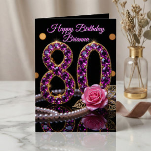 Carte Anniversaire 80 ans or bijou améthyste violette él