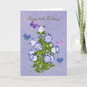 Carte Anniversaire, 80e, Papillons et Fleurs Bell