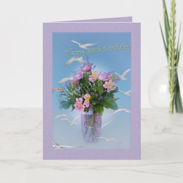 Carte Anniversaire, 88ème, Fleurs et Oiseaux (Devant)