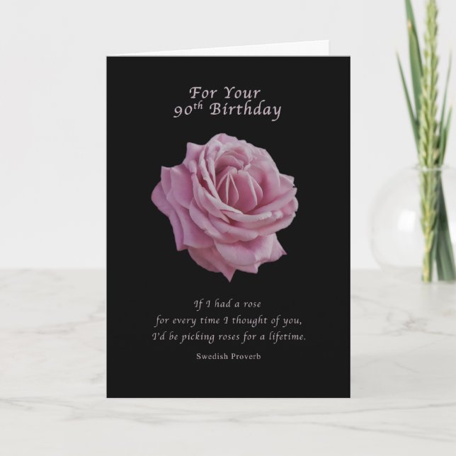 Carte Anniversaire, 90ème, Rose rose sur noir (Devant)