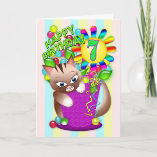 Carte Anniversaire - Âge 7 - Cat Kitty Cat Célébrer