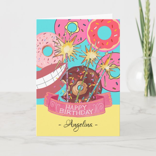 Carte Anniversaire amusant avec des beignets et des boug (Devant)