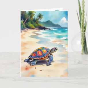 Carte Anniversaire Aquarelle Tortue de mer sur une plage