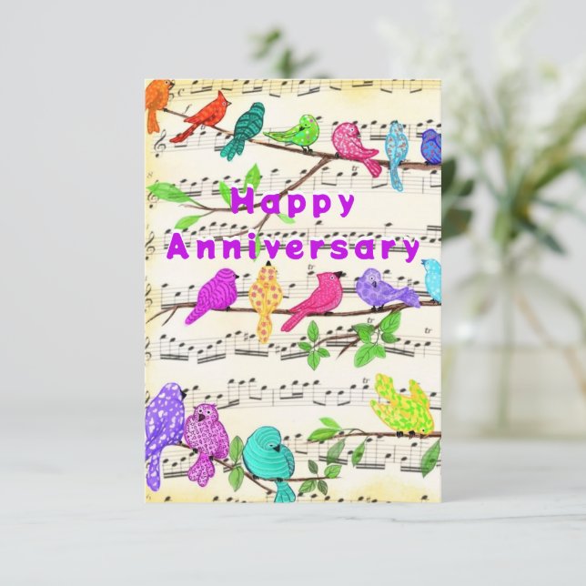 Carte Anniversaire avec des oiseaux musicaux color (Debout devant)